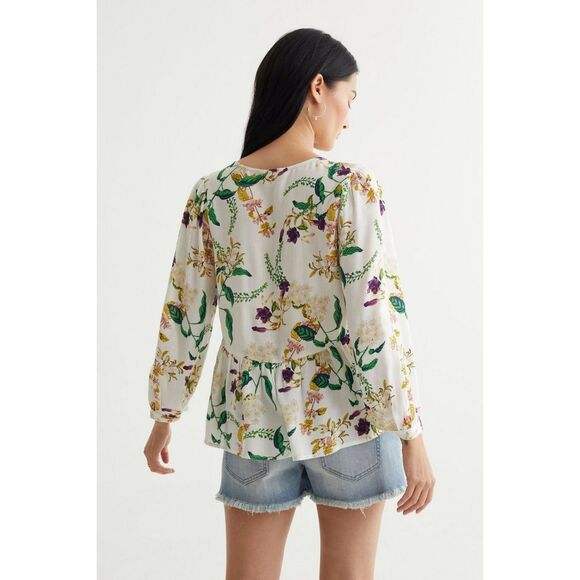 Lucky Brand Malia Peasant Top Long 3/4 Sleeve Floral V Neck Tie Boho Blouse Sm - Picture 2 of 9